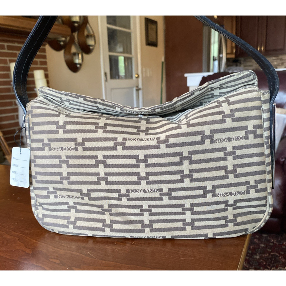 Nina Ricci Monogram Jacquard Shoulder Bag Beige Taupe Canvas Leather Strap